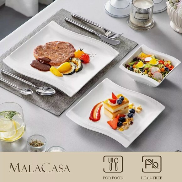 MALACASA 30-Piece Service for 6 Dinnerware Sets Square Porcelain Dinner Plates - Picture 2 of 7